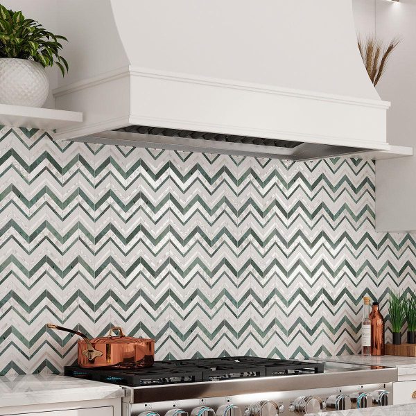 Envy Chevron Pearl Green Marble and Shell Tile For Discount - Image 3